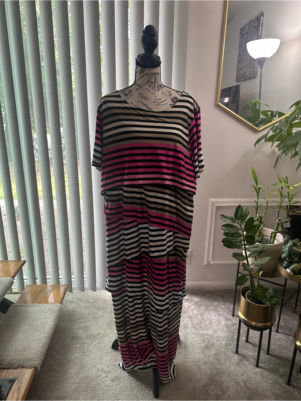 Ashley Stewart Black, Tan, Pink and White Striped Maxi T-Shirt Dress 22/24